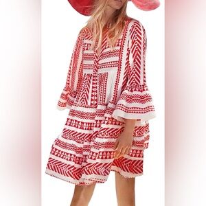 Trendy Boho Red and White Geometric Pattern Dress - S